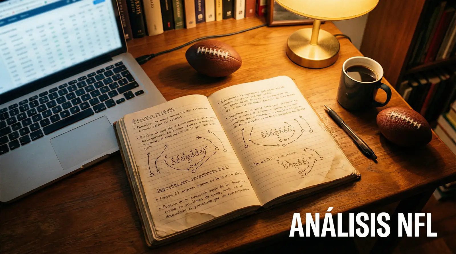 Persona estudiando estadísticas de fútbol americano con un cuaderno de notas y un portátil
