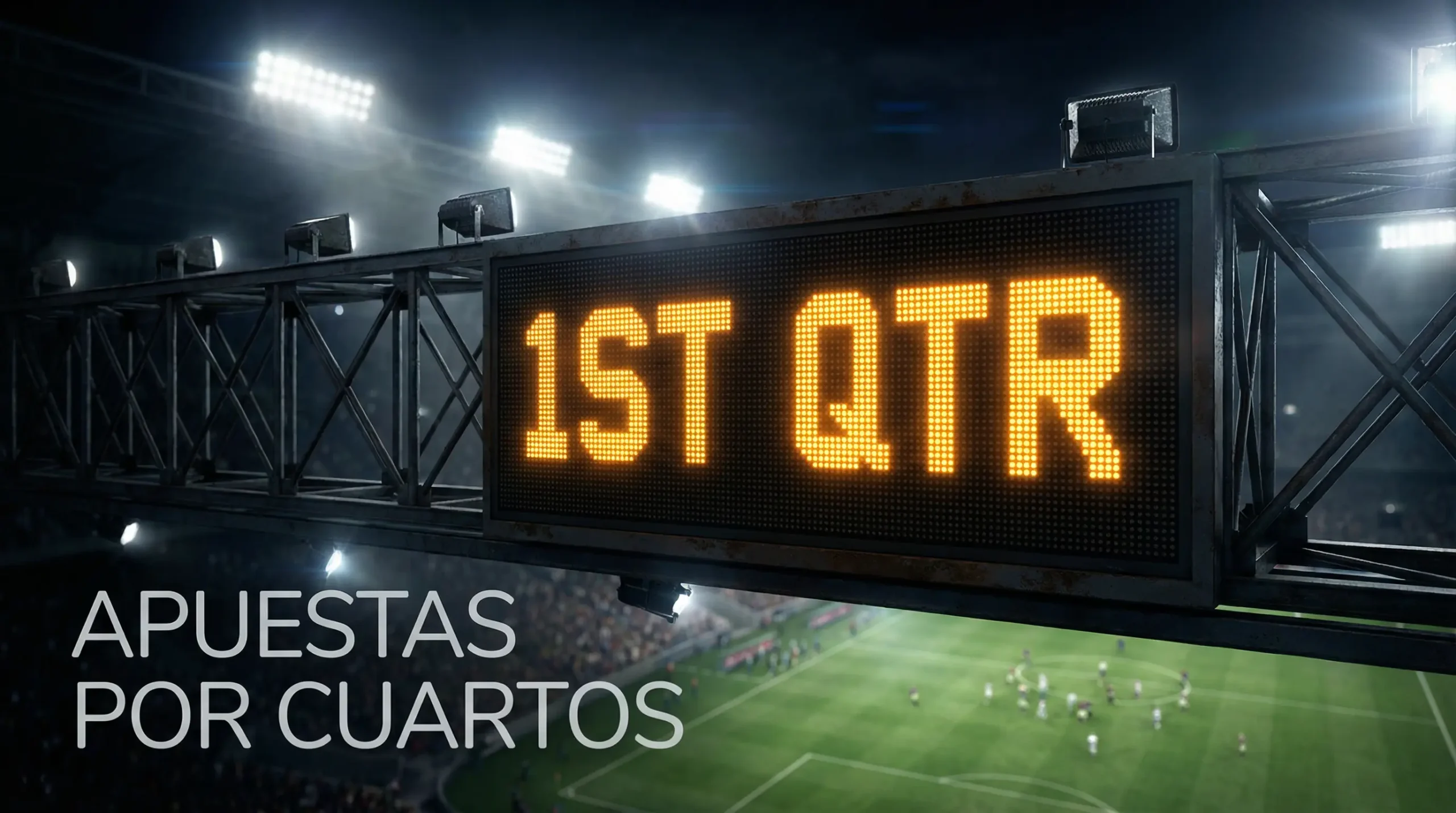 Reloj de un estadio de fútbol americano mostrando el final del primer cuarto con el campo de fondo