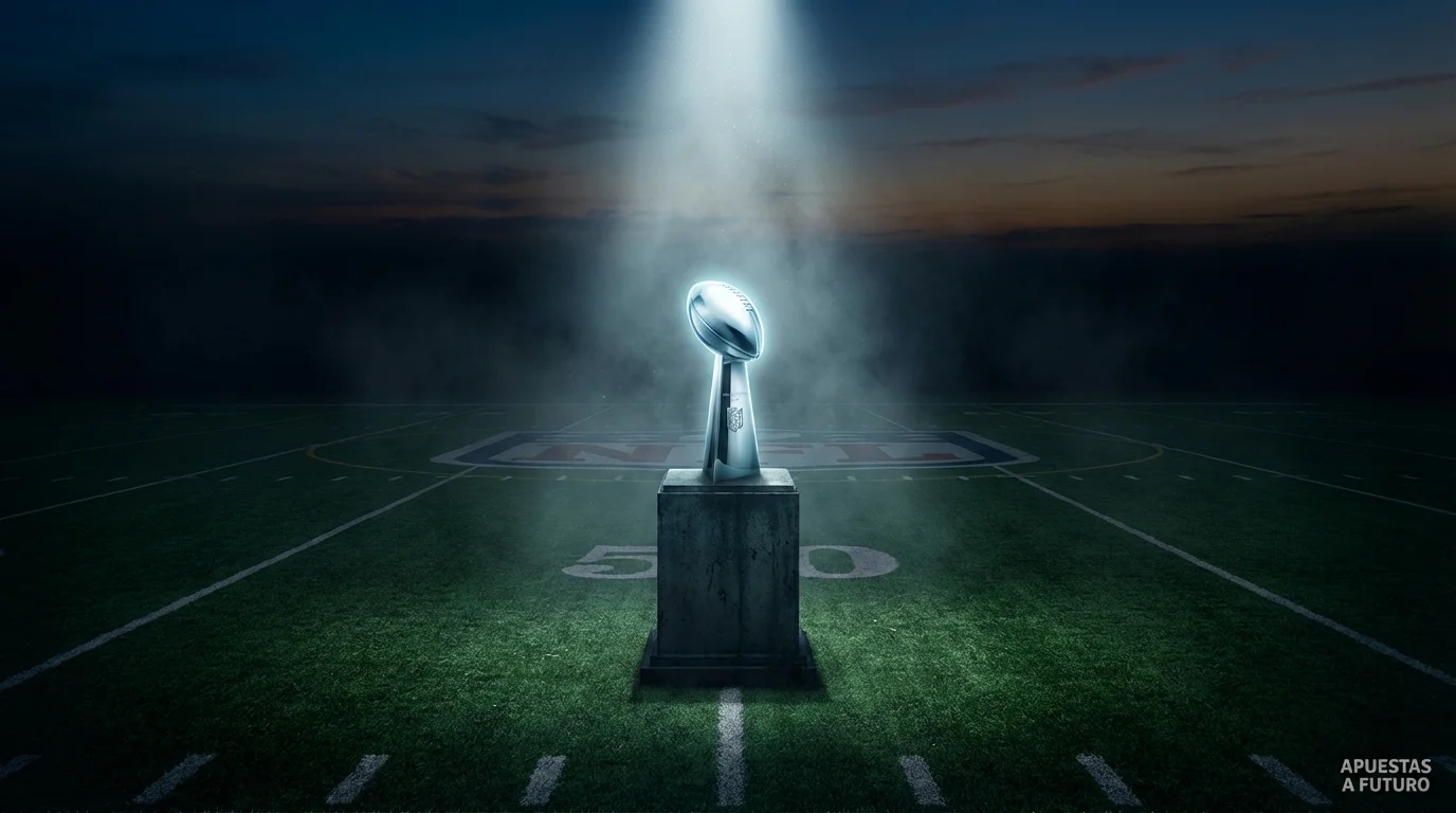 Trofeo Vince Lombardi estilizado sobre un pedestal iluminado en un campo de fútbol americano vacío