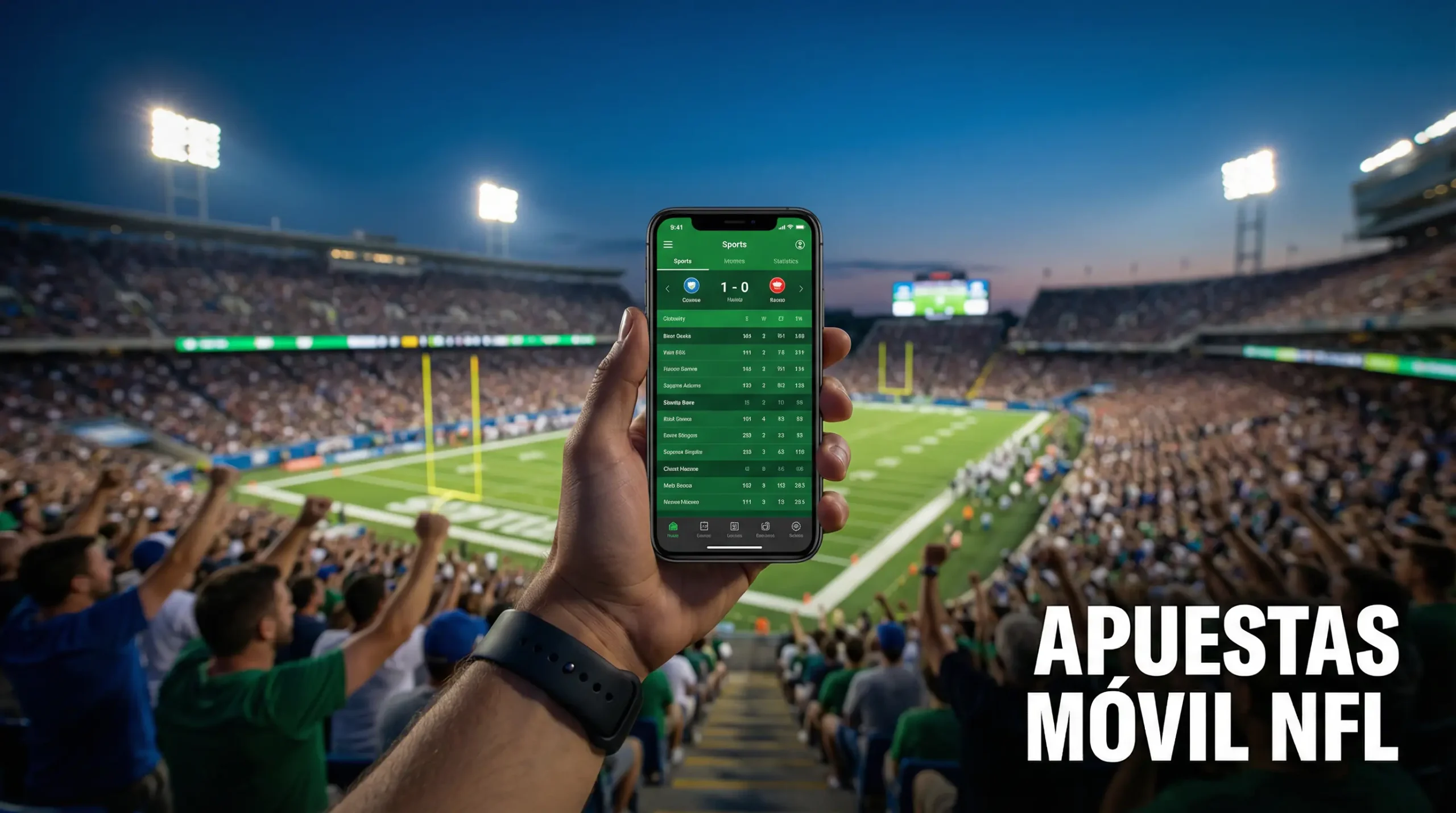 Persona sosteniendo un smartphone con una pantalla genérica de apuestas deportivas en un estadio