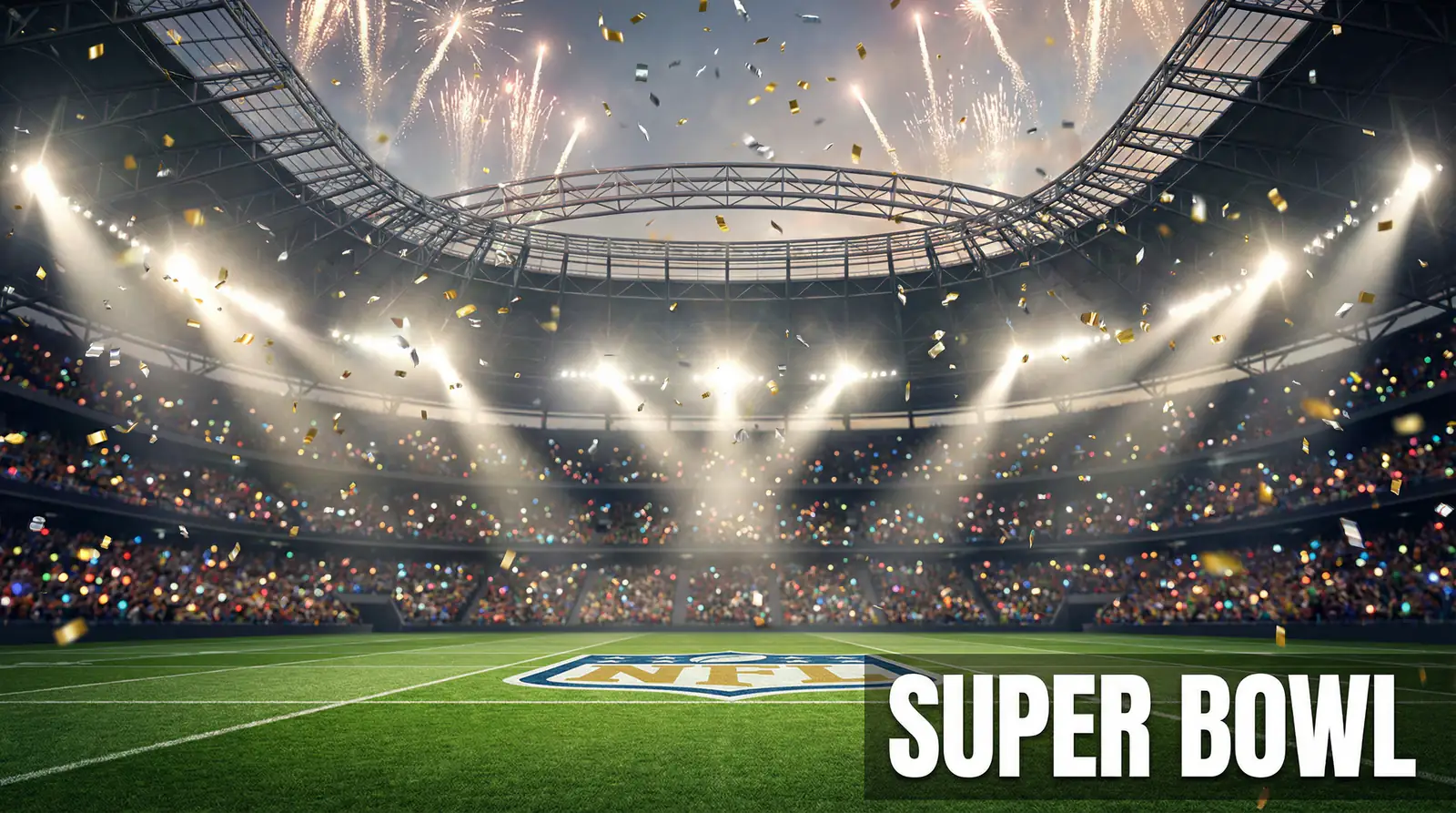 Estadio de fútbol americano preparado para el Super Bowl con confeti cayendo y luces espectaculares