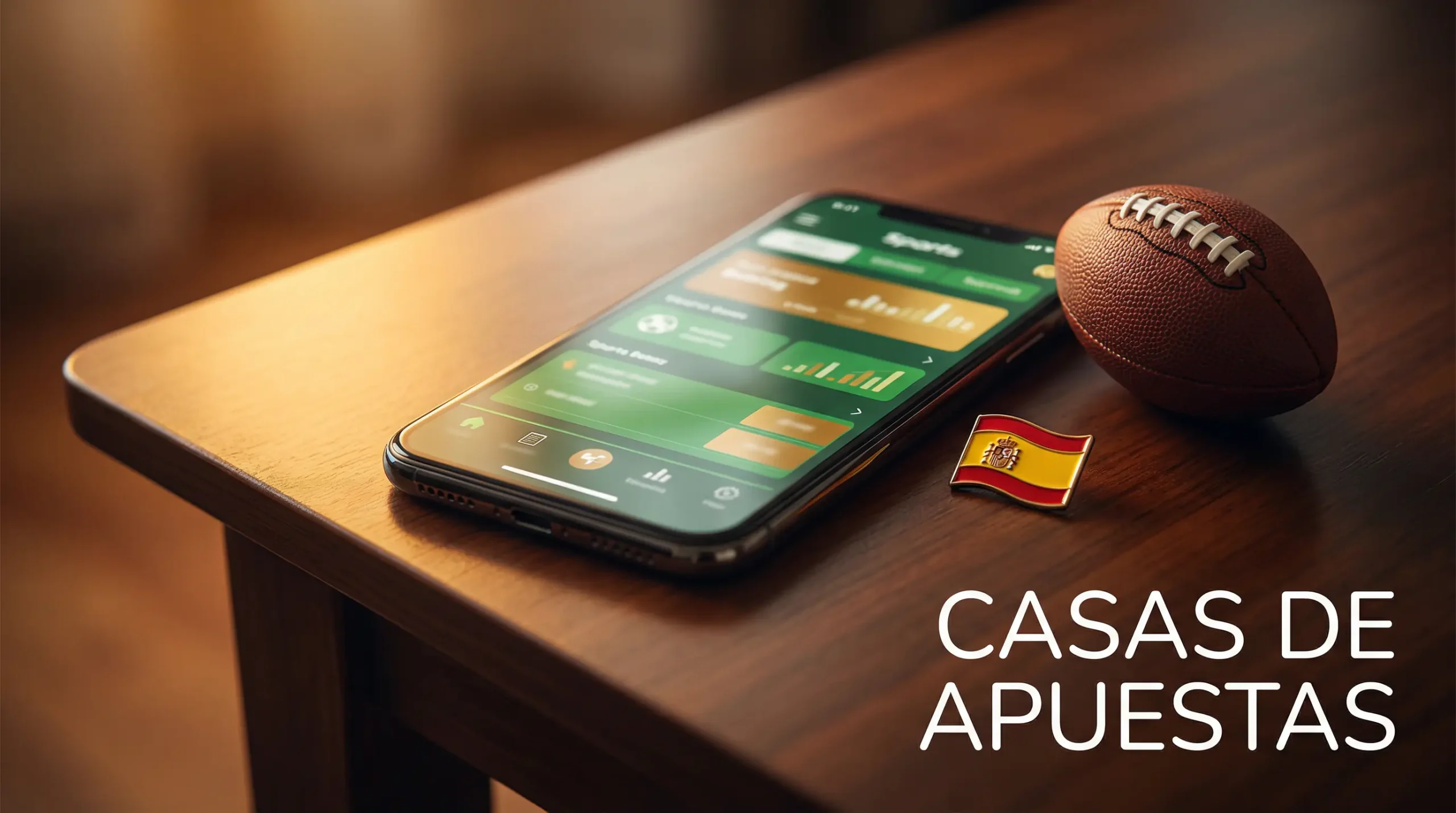 Smartphone mostrando una pantalla genérica de apuestas deportivas junto a un balón de fútbol americano