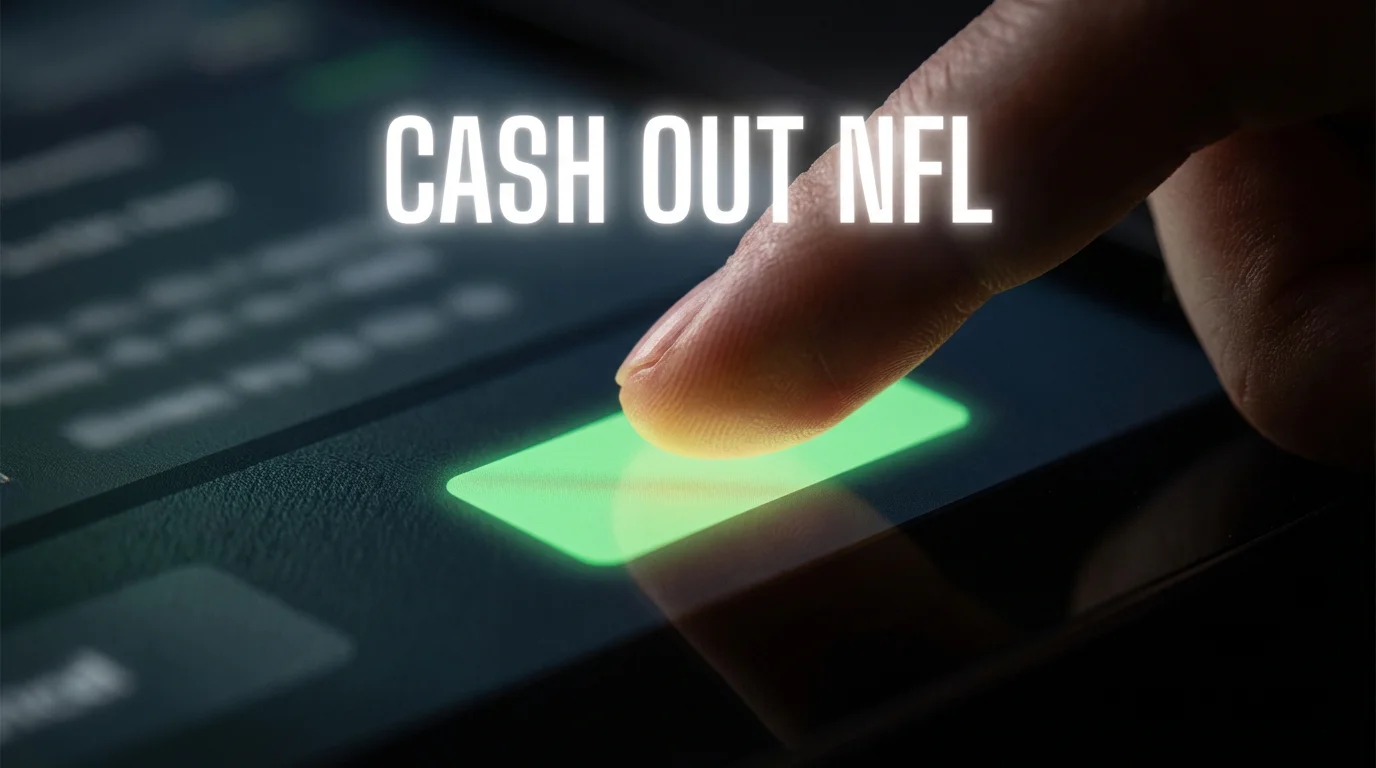 Mano pulsando un botón verde luminoso en una pantalla oscura simbolizando la decisión de cash out