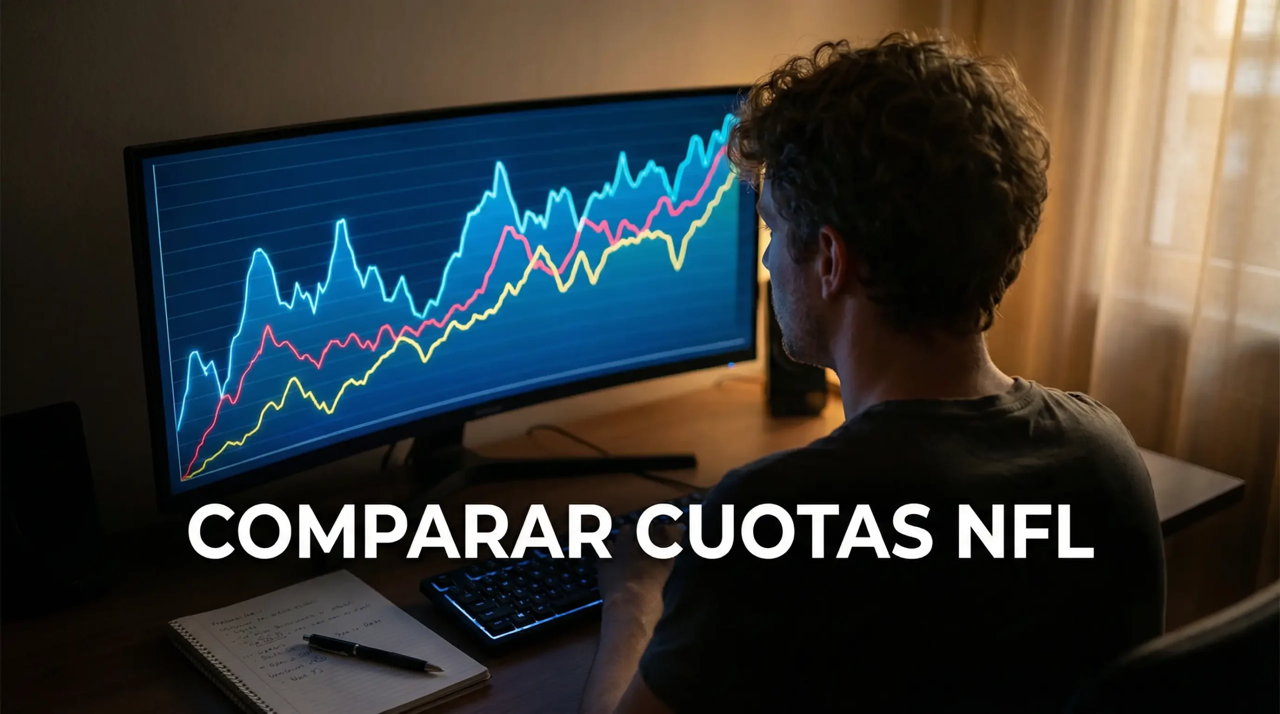 Persona analizando datos deportivos en una pantalla de ordenador con gráficos de líneas simples