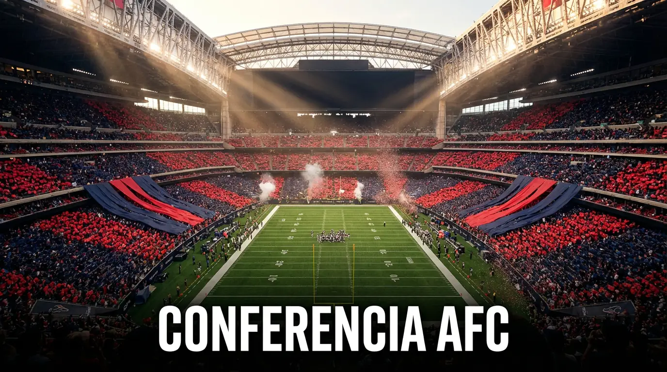 Vista panorámica de un estadio de fútbol americano con los colores rojo y azul de la AFC en las gradas