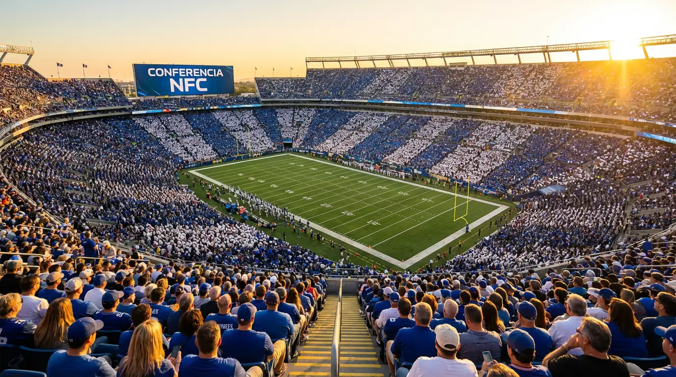 Vista panorámica de un estadio de fútbol americano con los colores azul y blanco de la NFC en las gradas