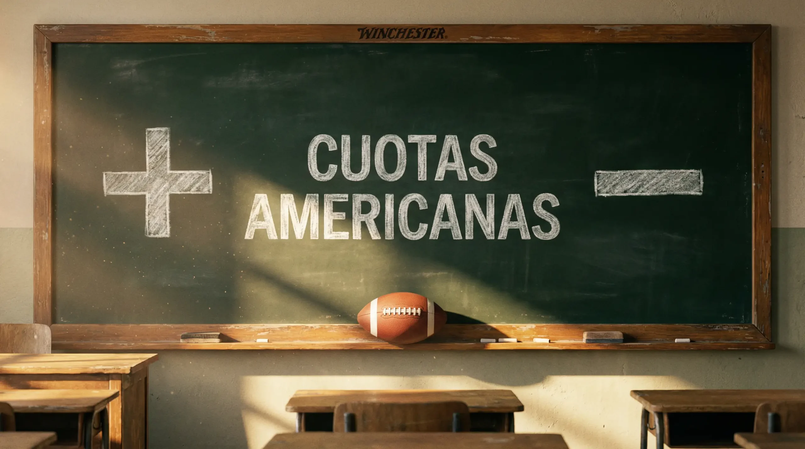 Pizarra con los símbolos más y menos escritos con tiza junto a un balón de fútbol americano