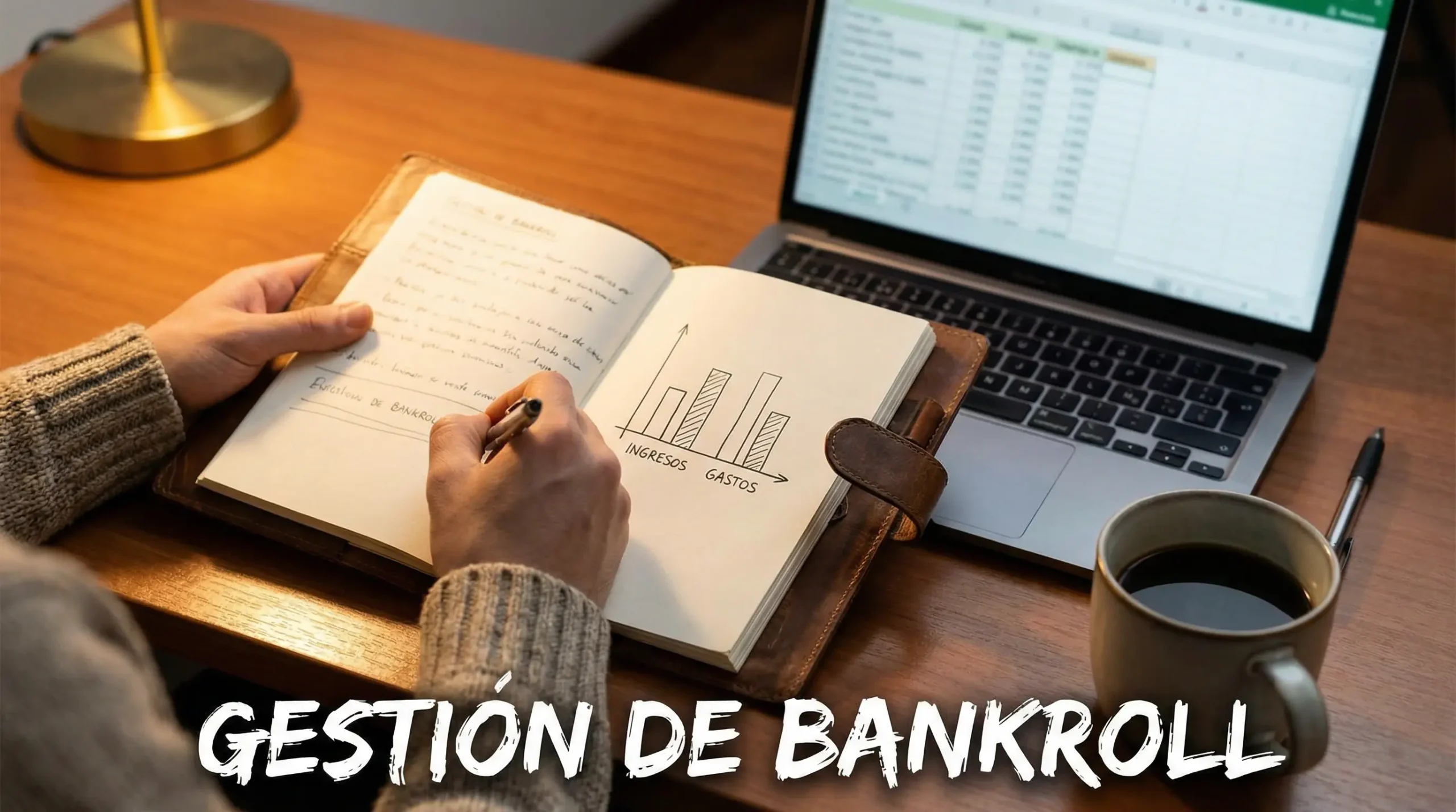 Persona escribiendo un plan de apuestas en un cuaderno junto a un portátil en un escritorio ordenado