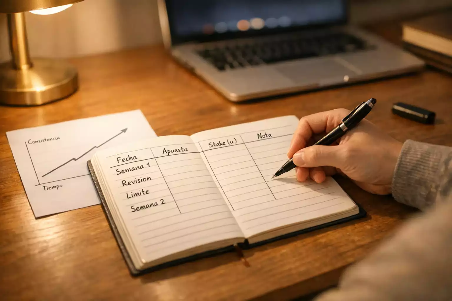 Persona analizando estadísticas de fútbol americano en un cuaderno con notas y gráficos