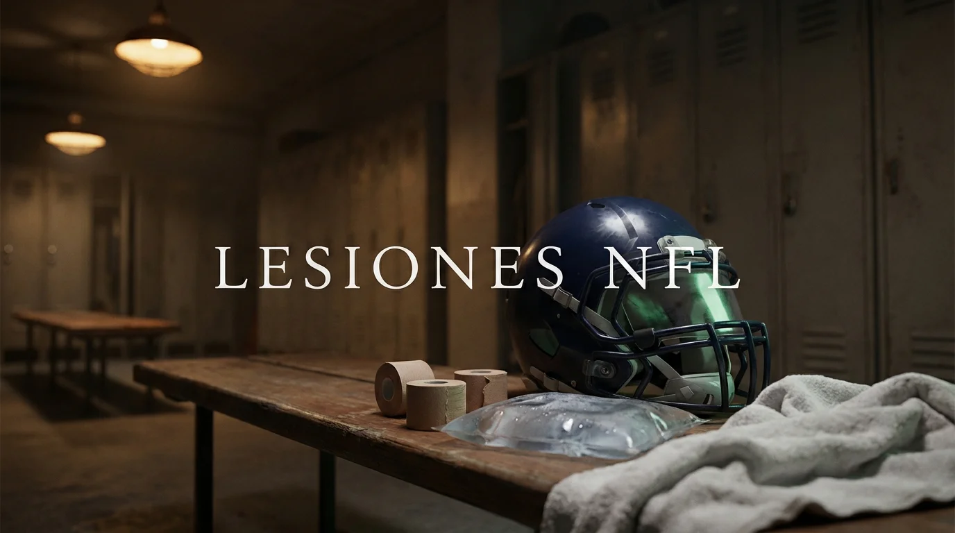 Casco de fútbol americano apoyado en un banco del vestuario con vendas y equipo médico al lado