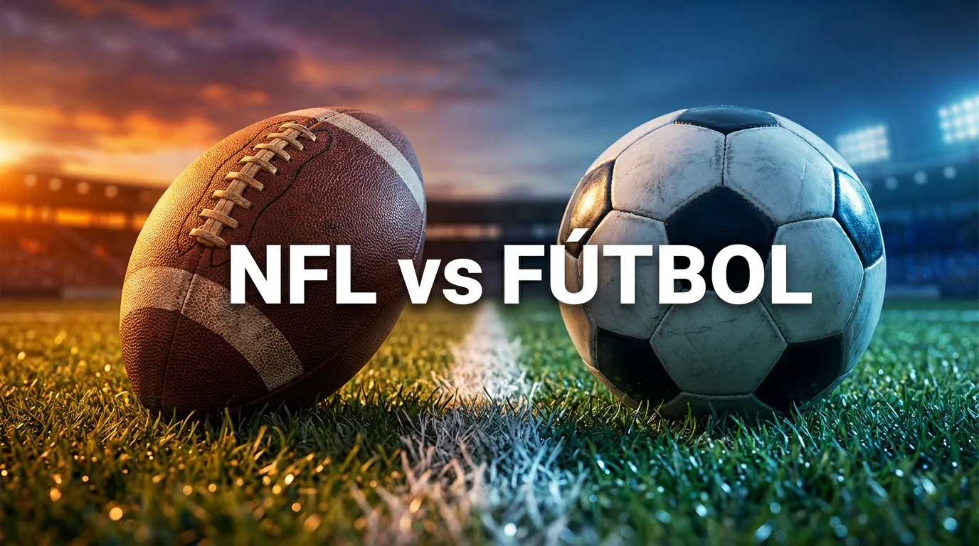 Balón de fútbol americano y balón de fútbol europeo juntos sobre césped verde dividido
