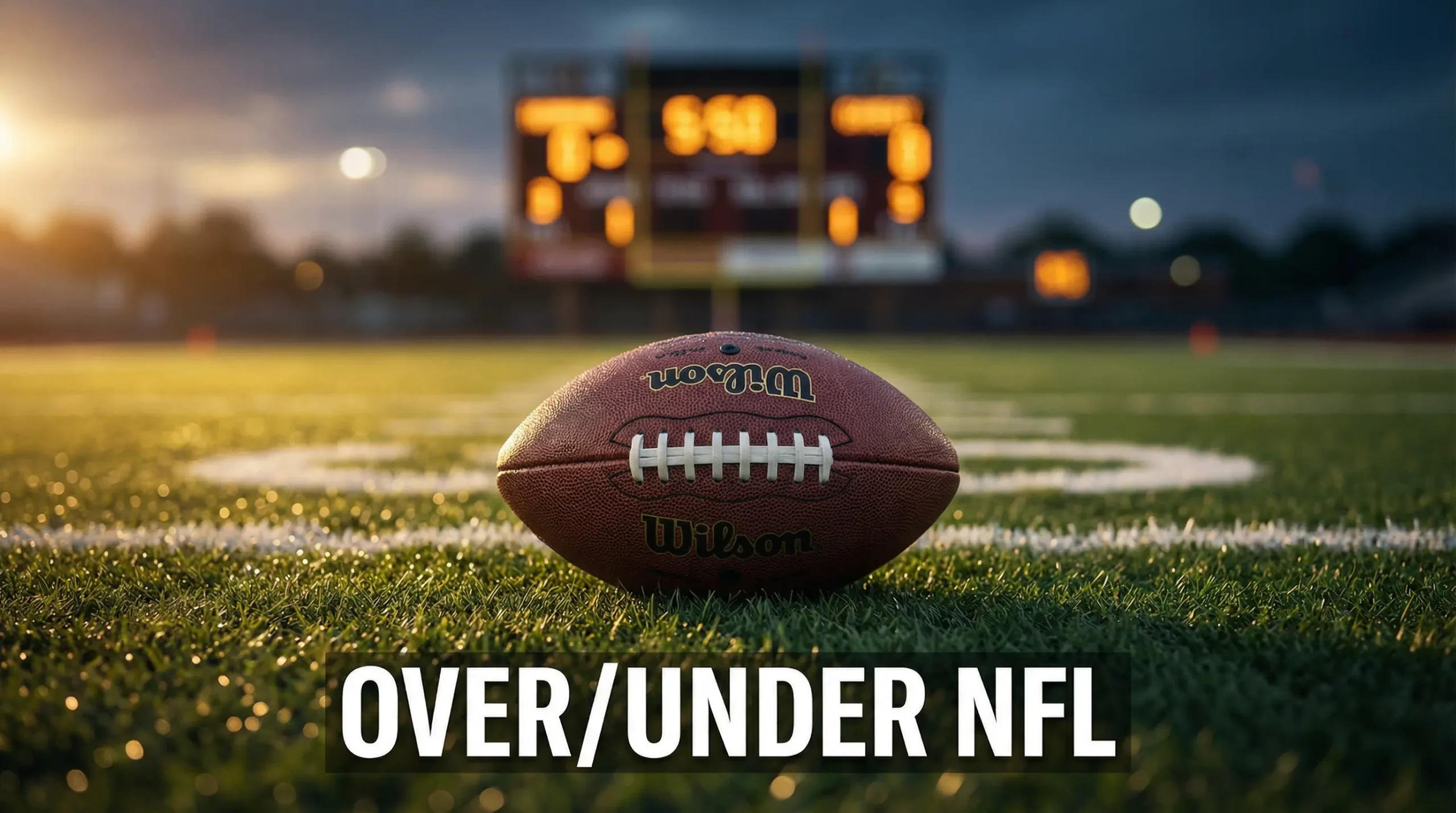 Balón de fútbol americano sobre el césped de un estadio con el marcador iluminado al fondo desenfocado