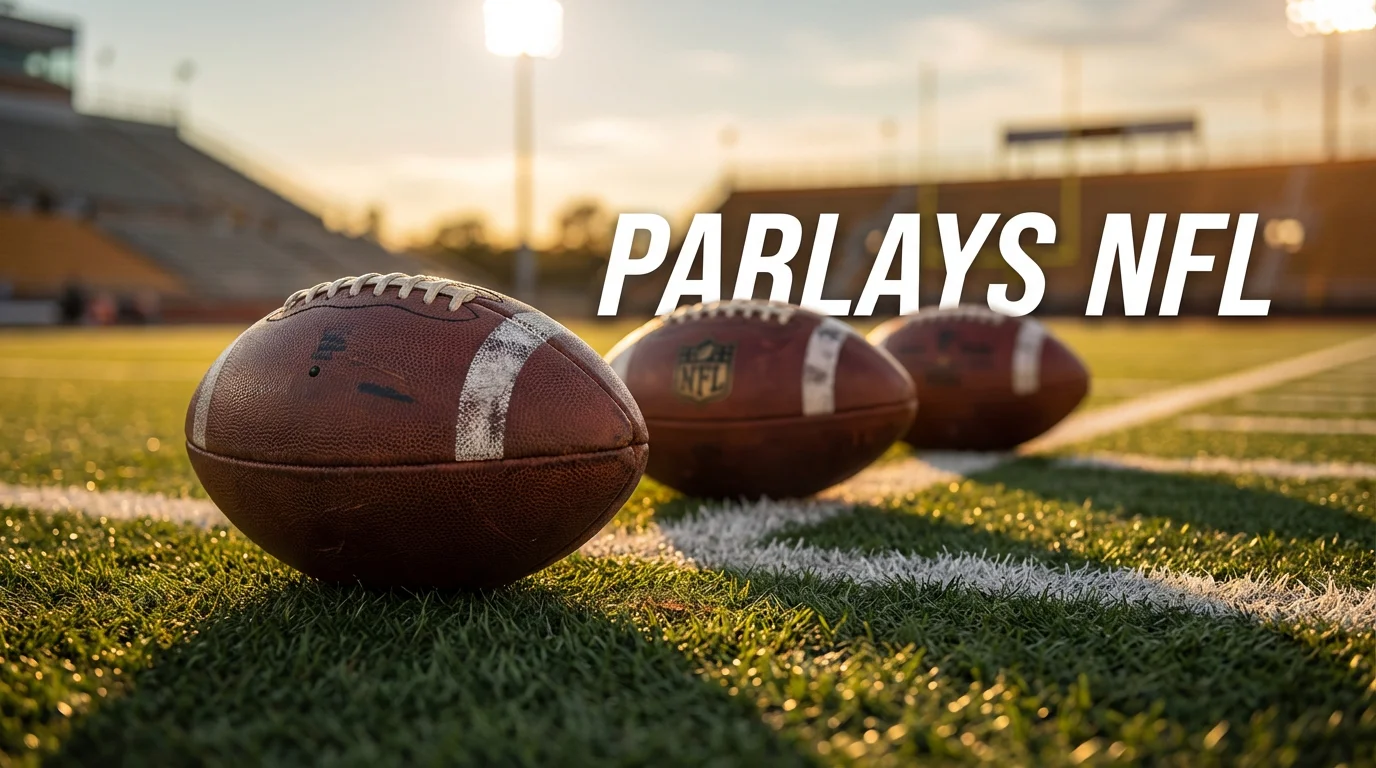 Varios balones de fútbol americano alineados sobre césped verde con luces de estadio al fondo