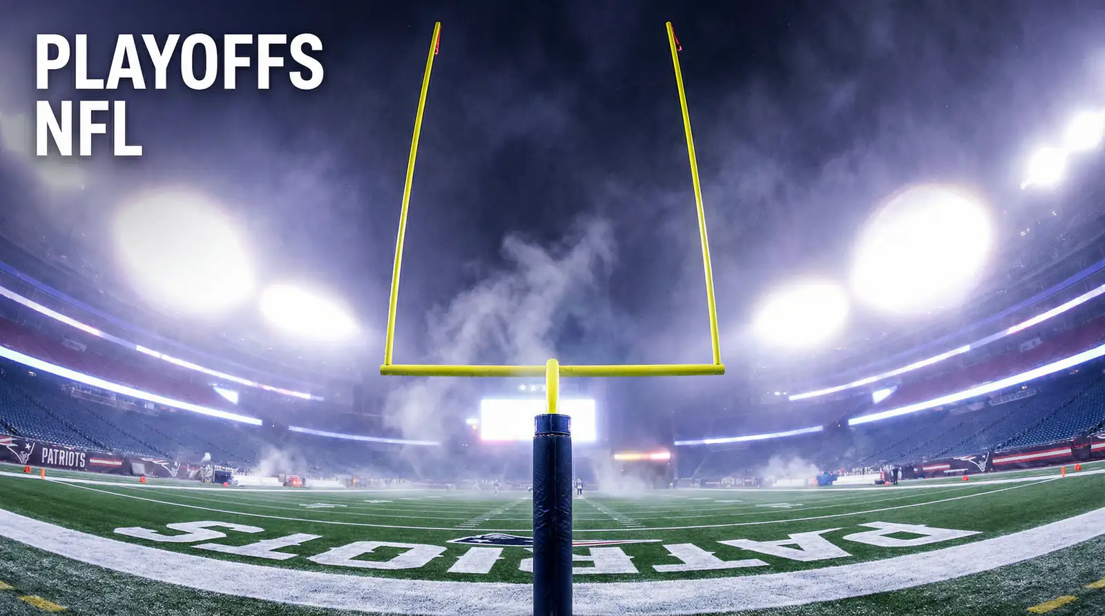 Campo de fútbol americano con césped impecable y el arco de gol iluminado bajo cielo nocturno invernal