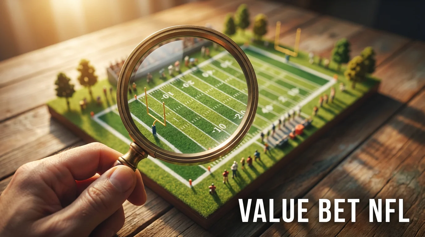 Lupa sobre un campo de fútbol americano en miniatura simbolizando el análisis detallado de cuotas